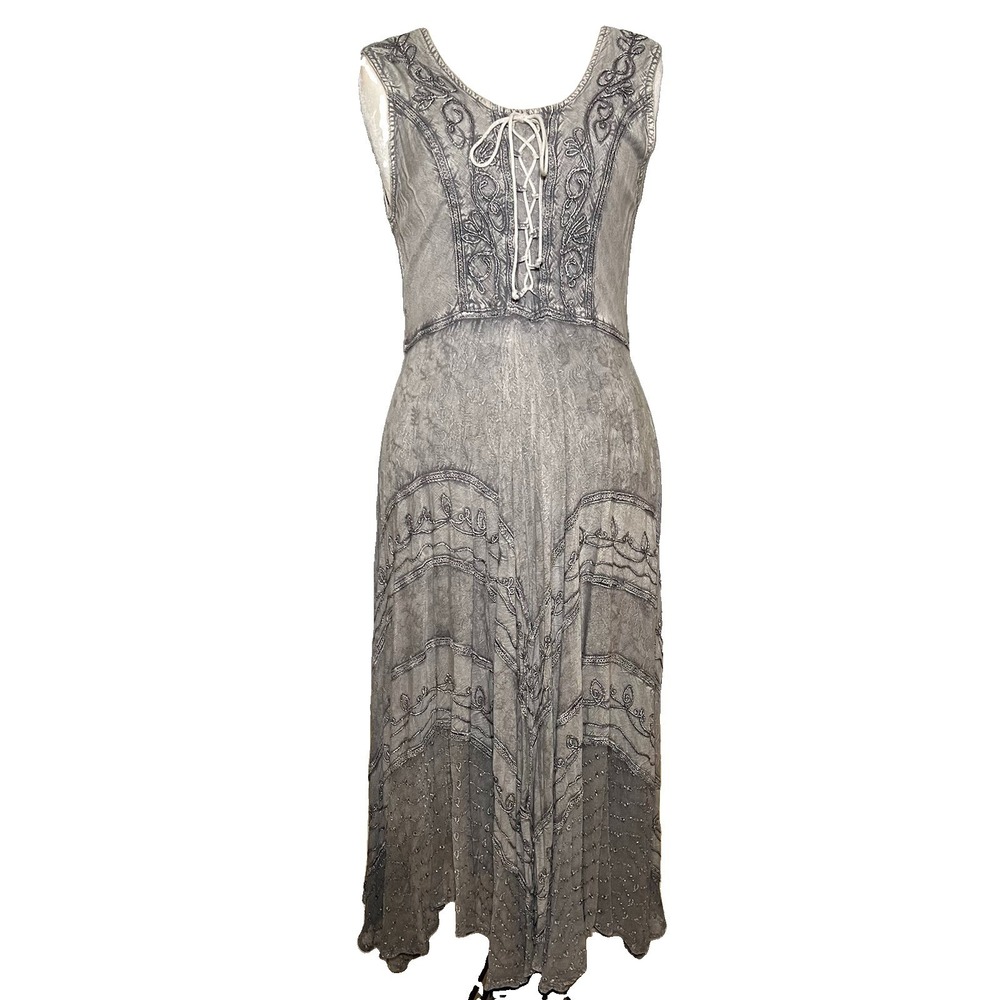 Sakkas Embroidered Fairy Boho Corset Maxi Dress L Tiered Rayon Flowy Mystical